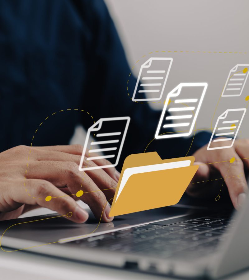 Uploading documents from folder. Open File folder with flying bl Uploading documents from folder. Open File folder with flying blank documents with laptop computer. Data transfer backup, File Sharing, Document Transferring concept.